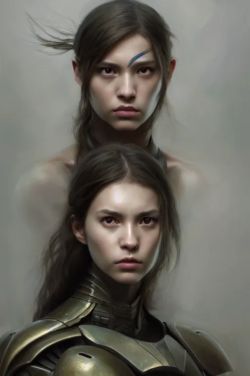 Image similar to a photorealistic painting of an attractive young girl, partially clothed in stealth-like battle armor, olive skin, long dark hair, beautiful bone structure, symmetrical face, perfect eyes, intricate, elegant, digital painting, concept art, illustration, sharp focus, minimal artifacts, from Metal Gear, in the style of Ruan Jia and Mandy Jurgens and Greg Rutkowski, trending on Artstation, award winning