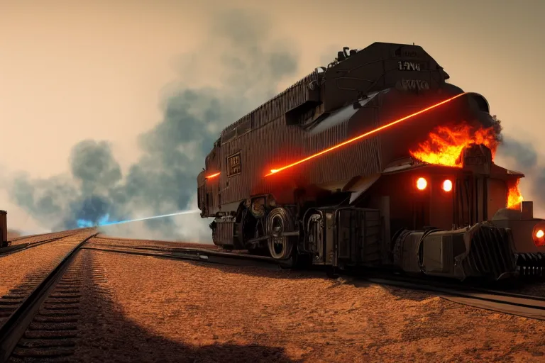 Prompt: a burning train moving fast through the desert, cinematic shot, hyperdetailed, artstation, cgsociety, 8 k