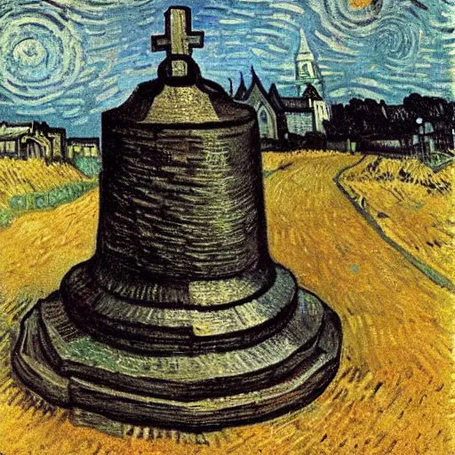 Prompt: a church bell on the ground in front of a church, by Vincent van Gogh