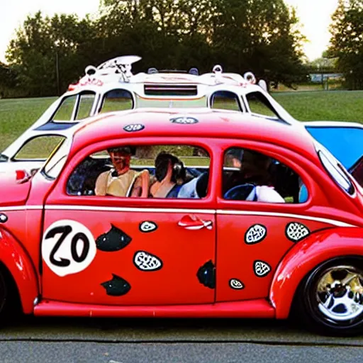 Image similar to close - up sports shot of a hybrid'herbie the love bug'race car and a real lady bug. it's a nice night at the drive - in diner. imax, 7 0 mm, movie still