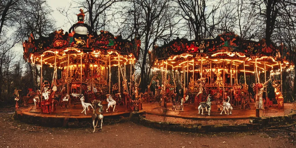 Prompt: an abandoned secret carousel with elaborately intricate carved wooden figures of animals, pine treehouse, christmas lights, discovered in a secret garden, hedgemaze, photo taken on fujifilm superia film, 3 5 mm