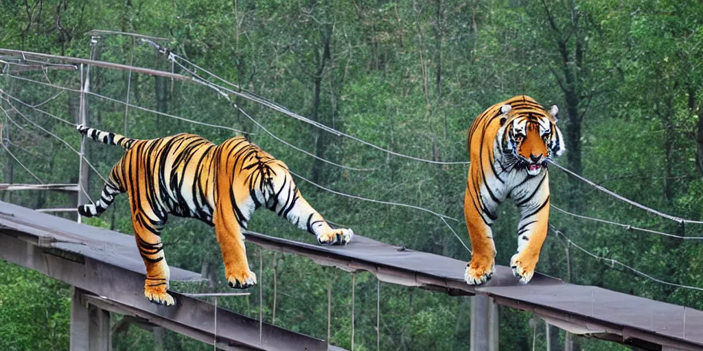 Image similar to a tiger running on a suspended bridge