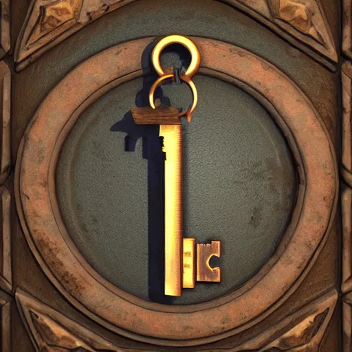 Image similar to a highly detailed key for the doors item, key is on the center of image, key has metal and wooden elements, point and click game inventory item, very detailed, dynamic lights, on the solid color background, high poly vray render, stylised textures, trending on artstation