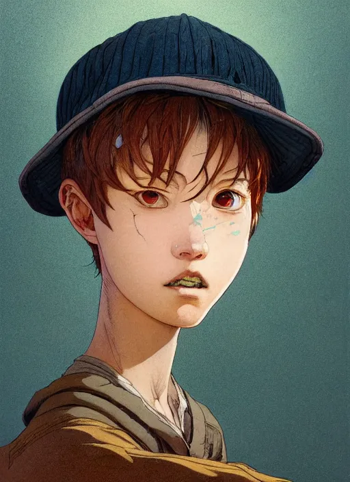 Prompt: prompt : portrait soft light painted by james jean and katsuhiro otomo and erik jones, inspired by akira anime, epic fantasy, a young dark skinned girl with short hair dressed as a boy in plain peasant clothing and a newsboy cap, intricate oil painting, high detail illustration, sharp high detail