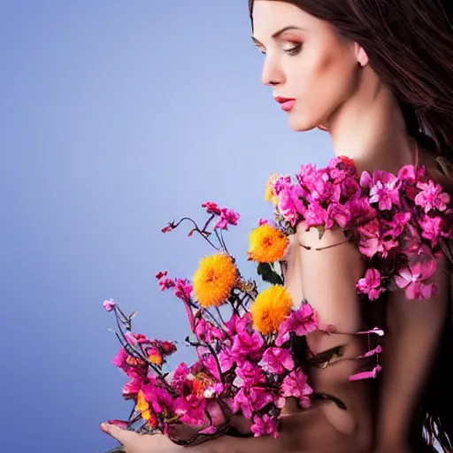 Image similar to beautiful woman built with flowers in a scenery that evokes reverie and sunset.