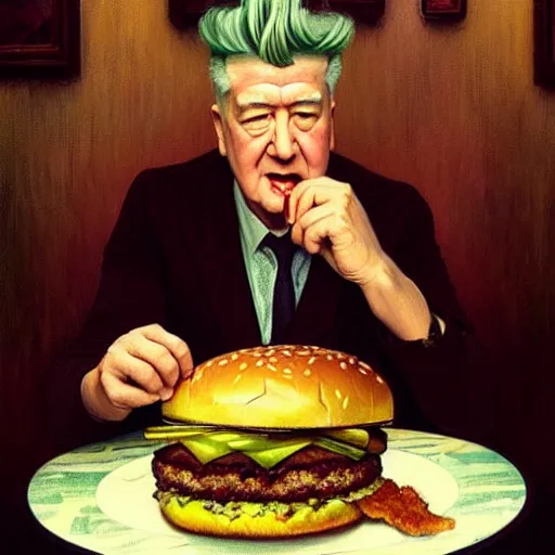 Prompt: painted portrait of ( ( ( david lynch ) ) ) eating giant hamburgers, mature, handsome, fantasy, intricate, elegant, highly detailed, digital painting, artstation, concept art, sharp focus, illustration, illumination, holy ethereal light, art by gaston bussiere and alphonse mucha