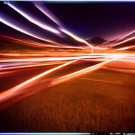 Image similar to long exposure night lansdscapes, 5 seconds shutter, Cinestill 800T