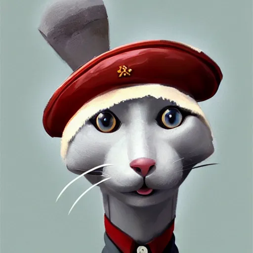 Image similar to an anthropomorphic gray cat wearing as a 1950's Soviet leader, artwork by Sergey Kolesov