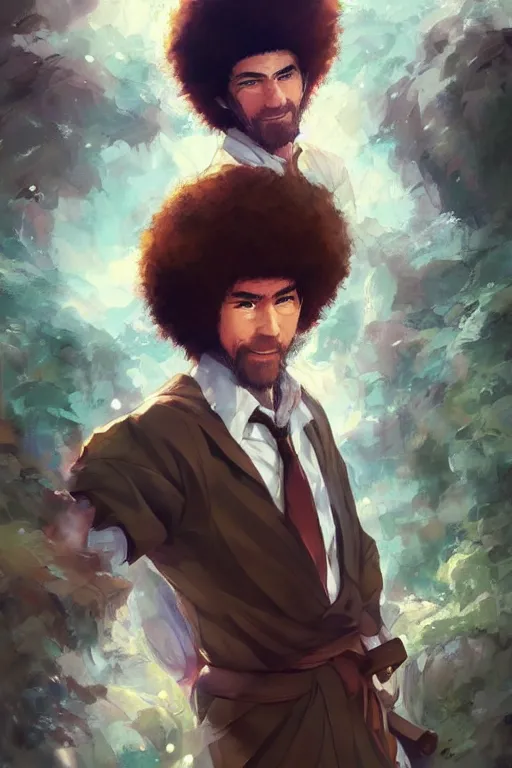 Image similar to An anime portrait of Bob Ross, by Stanley Artgerm Lau, WLOP, Rossdraws, James Jean, Andrei Riabovitchev, Marc Simonetti, and Sakimichan, tranding on artstation, SFW version