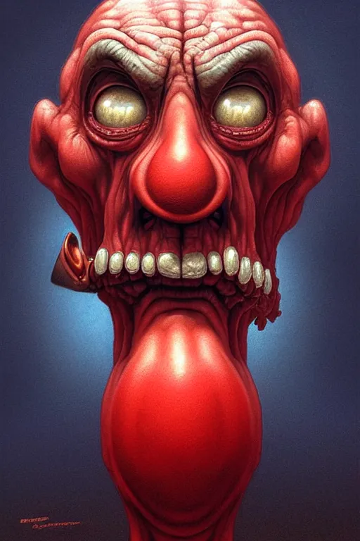 Prompt: anthropomorphic square head in death bluesteel mr bean giant red nose, intricate, elegant, highly detailed face, wide angle, digital painting, artstation, concept art, sharp focus, illustration, art by artgerm, bob eggleton, stephen hickman, richard corben, wayne barlowe, greg rutkowski, alphonse mucha, 8 k