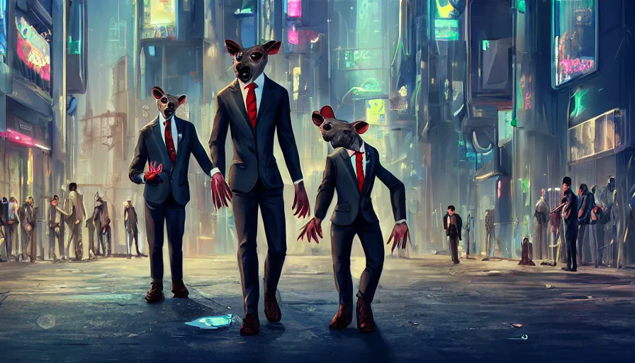 Prompt: anthropomorphic rats in suits in cyberpunk city, digital art, artstation, photorealistic rendering, concept art