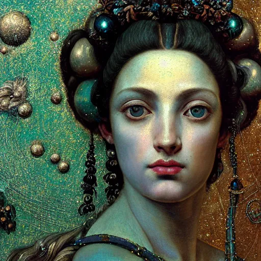 Prompt: baroque neoclassicist closeup renaissance portrait of moon goddess with stars in her hair, reflective detailed textures, glittering silver ornaments, dark fantasy science fiction painting, diego rivera jean delville ruan jia nicholas roerich annie swynnerton sam spratt, dramatic lighting, soft muted blue green color palette, floral tattoos, artstation, octane render, unreal engine
