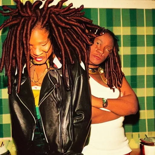 Image similar to jamaican woman with dreads wearing a leather jacket and a plaid miniskirt at a fancy restaurant, polaroid, by nan goldin, jamel shabbaz, gregg araki