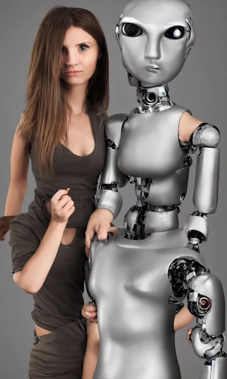 Image similar to full body photo of a woman with human face and robot body, robot body, steel body, human face, cyborg body