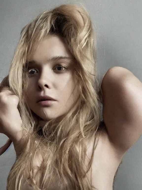 Prompt: hyperdetailed close shot of chloe grace moretz, fashion, venus, with ripped crop t - shirt, fine - face, pretty face