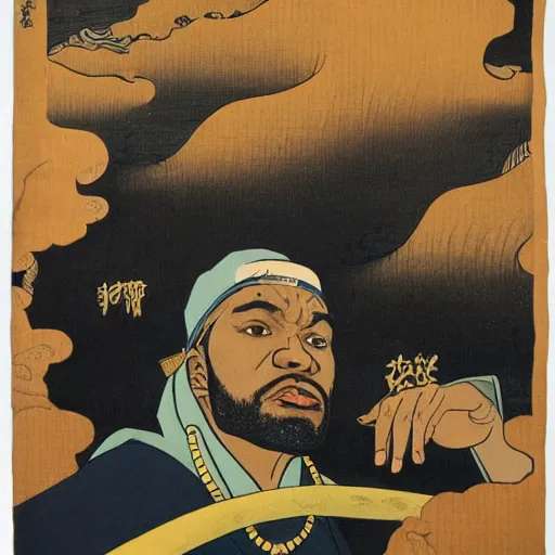 Image similar to Masta Killa from Wu-tang Clan rapping, portrait, style of ancient text, hokusai