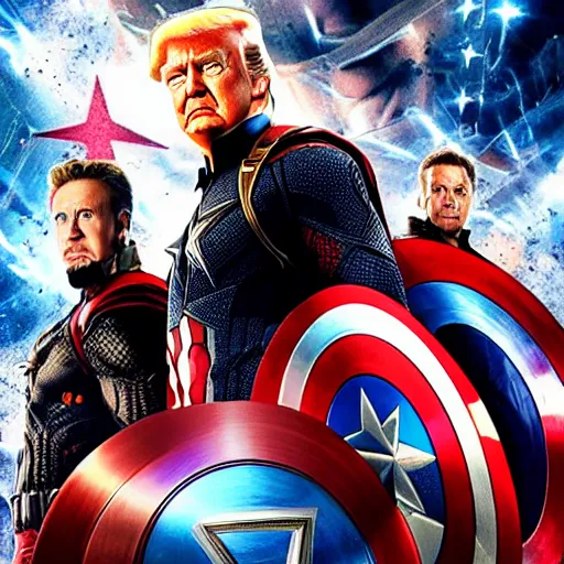 Image similar to avengers - style movie poster with faces of biden, trump, putin, xi jinping, macron, donkey, nuclear bomb in the background, cinematic, realistic, high quality