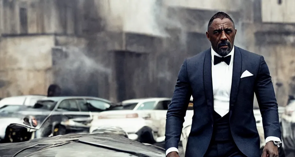 Image similar to idris elba as james bond, cinematic action scene, struggling to not fall off a building, straining, tuxedo, color corrected, promotional movie shot