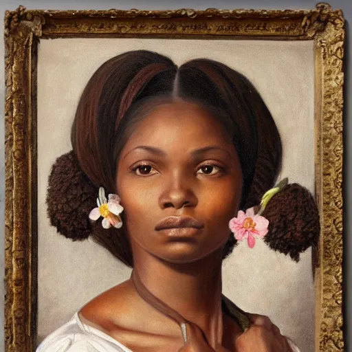 Image similar to beautiful brown skinned woman, with pigtails, holding flowers, hyper realism, muted colours, rococo, portrait