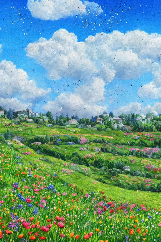 Prompt: a countryside in spring, green hills and blue sky with patches of clouds, nature in all its beauty, some houses in the background, star - shaped flowers in the foreground, digital painting, colored pencil, detailed,