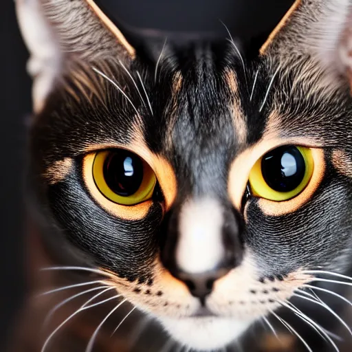 Prompt: a black robot tabby cat with red eyes, realistic, 8k