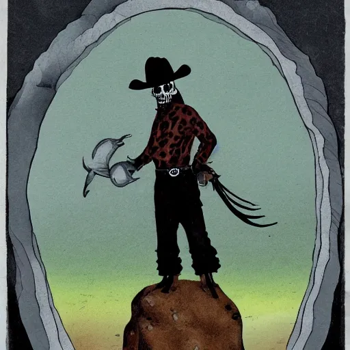 Image similar to skullfaced vaquero, standing on boulder, expanse in background, deathlike visage, persian folklore illustration