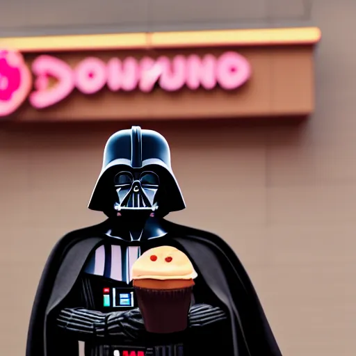 Image similar to darth vador working at dunkin donuts , 8k cinematic lighting, very sharp detail, anatomically correct