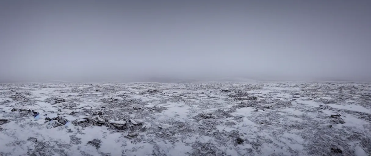 Prompt: a high quality color creepy atmospheric extreme wide angle shot hd 4 k film 3 5 mm photograph of a total white out blizzard in a desolate antarctica landscape