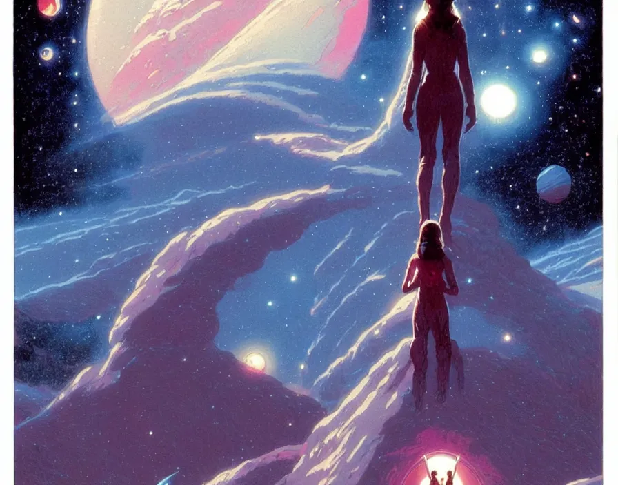 Image similar to illustrated by moebius and greg rutkowski, romantic!!! space scene!! with standing young girl!!!!, orbit of earth!, futuristic orbital station!!!!, nebulae!!, starry sky!!, rule of third!!!!, vintage cover of sci - fi magazine, cinematic!!