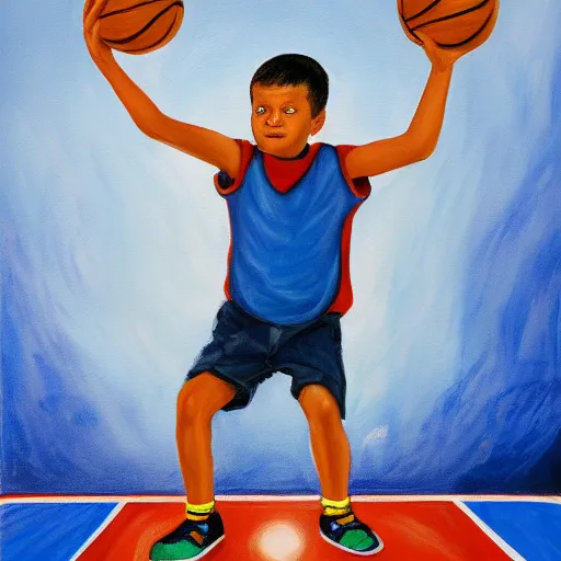 Prompt: painting of a kid about to shoot a basketball into a hoop, behind camera view