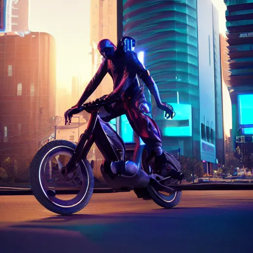 Image similar to a hyperrealistic 3d render of Remi Malek riding a bike. intricate details. arnold render. Trending on ArtStation. Centered. Vivid cinematic lighting. Cyberpunk background. In the style of LaVista.