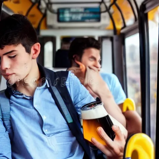 Image similar to a bored tired young university student is riding a very crowded public bus, he's holding a bottle of fizzy dark beer and is looking at his smartphone. student is wearing a black shirt, has slick dark brown hair and a round face with mild acne. professional stock photo, bokeh, 4 k