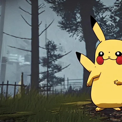 Prompt: pikachu as a playable character in the videogame dead by daylight, pc gpu fov settings, videogame screenshot, dark lighting, heavy fog