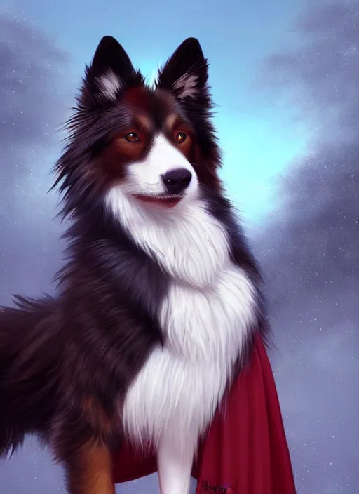 Image similar to full body digital painting of a cute male anthropomorphic border collie fursona wearing a red collar and standing outside, furaffinity, intricate, elegant, beautiful, fantasy, highly detailed, trending on artstation, art by charlie bowater and henry asencio and and ross tran