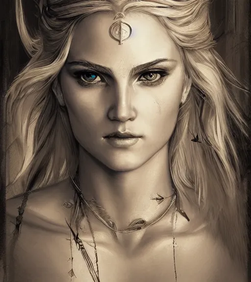 Image similar to portrait of beautiful aphrodite goddess as an archer warrior, arrow, beautiful piercing eyes, flowing blonde hair, realistic face, black and white drawing, in the style of greg rutkowski, fantasy, amazing detail, epic, intricate, elegant, smooth, sharp focus