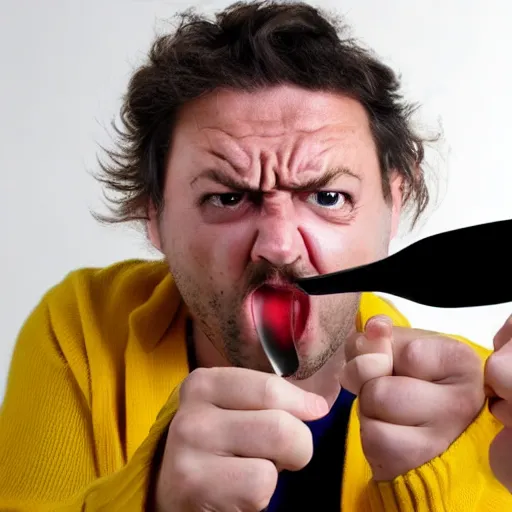 Prompt: A angry man holding a for and a spoon looking into the camera with the top text BOGUS, stock photo, reddit meme, Realistic