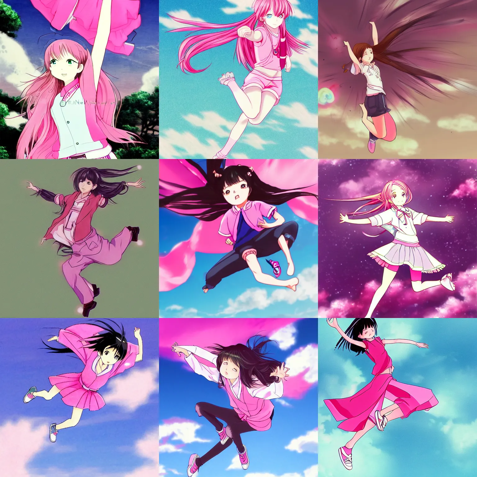 Prompt: a girl flying through the air while wearing a pink shirt, an anime drawing by Toyohara Kunichika, featured on pixiv, neo-romanticism, official art, anime aesthetic, deviantart hd
