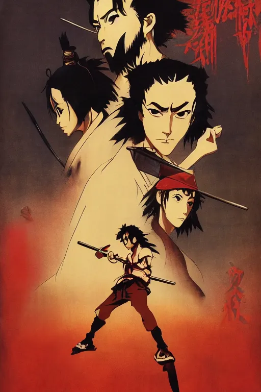 Prompt: Movie poster of Samurai Champloo , Highly Detailed, Dramatic, A master piece of storytelling, by frank frazetta, ilya repin, 8k, hd, high resolution print