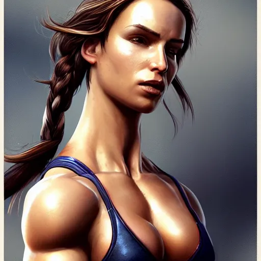 Image similar to portrait of lara croft as a female bodybuilder police officer, fantasy, intricate, elegant, highly detailed, digital painting, artstation, concept art, matte, sharp focus, illustration, art by aenaluck and roberto ferri and greg rutkowski, epic fantasy, digital painting