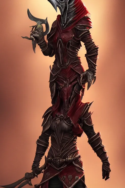 Image similar to female adventurer in tight full - body daedric leather armor of dunmer design with a red porcelain crow mask, trending in artstation, establishing shot