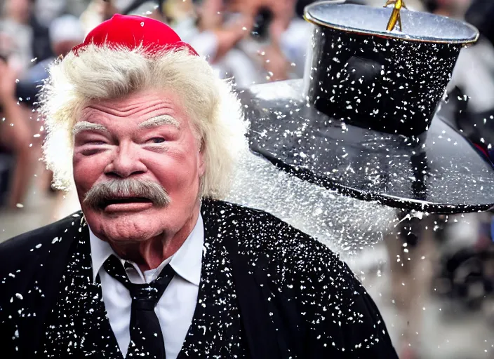 Image similar to photo still of rip taylor at the popes funeral!!!!!!!! at age 5 4 years old 5 4 years of age!!!!!!! throwing confetti from a bucket at the grave, 8 k, 8 5 mm f 1. 8, studio lighting, rim light, right side key light