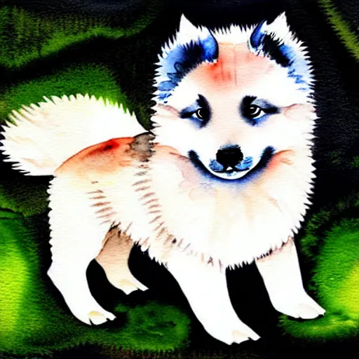 Image similar to a keeshond puppy watercolor painting by monge