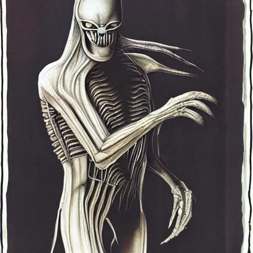 Prompt: H R Giger’s Alien, dressed in avant-garde outfit, posing on a runway