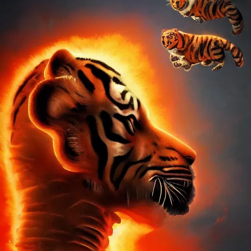 Prompt: two headed tiger of two heads made of smoke, lava and fire flying in the sky ; cat flying in the sky ; panther flying in the sky ; humans being devoured ; aliens, robotic machines, gods, bio - mechanical intelligences, glitch creatures, dmt entity ; lsd art, trending on artstation, style greg rutkowski