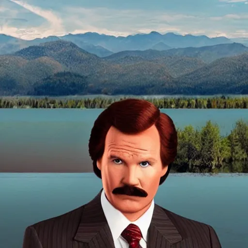 Image similar to Realistic image: Ron Burgundy standing near a lake