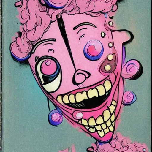 Prompt: laughing insane eyes mouth mask pink ice cream, blue waffle cone, jester themed, intricate concept art, thick line drawing, 1 9 8 3 action painted book cover art