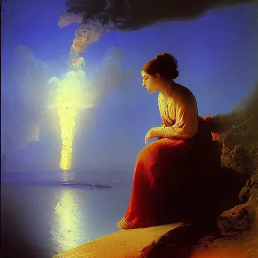 Image similar to beautiful young woman looking at giant nuclear explosion, artwork by Aivazovsky, Ivan