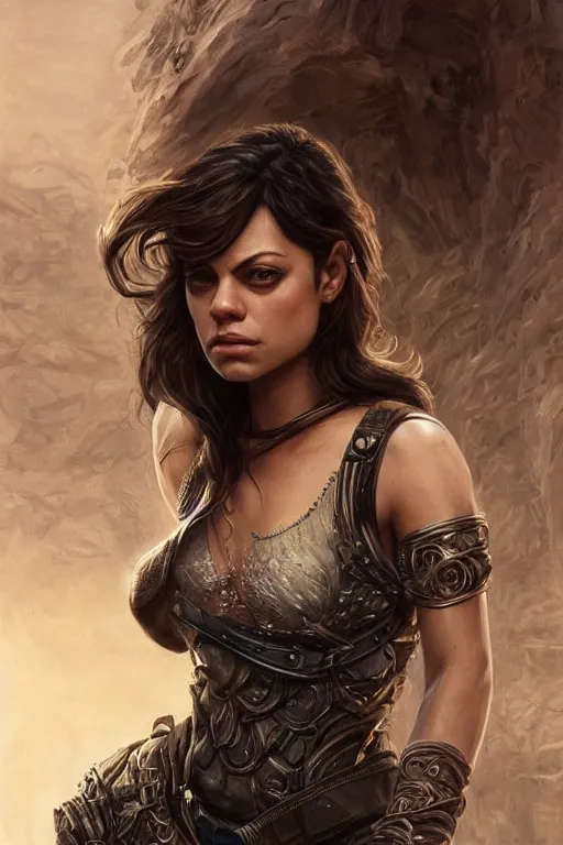 Prompt: tough Mila Kunis as a ruggedly handsome heroine, intricate, elegant, highly detailed, centered, artstation, concept art, smooth, sharp focus, illustration, bokeh art by artgerm and donato giancola and Joseph Christian Leyendecker, WLOP