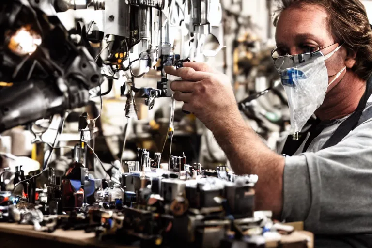 Image similar to cinematography closeup portrait of a Man soldering repairing robot parts in his garage by Michael Bay