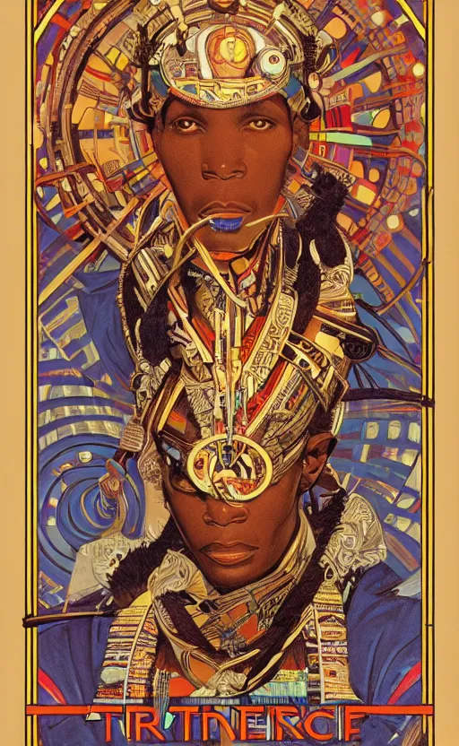 Prompt: a retro futuristic african tribal chief, art by joseph christian leyendecker, design blocking by alphonso mucha, poster design by drew struzan, highly detailed, digital painting, concept art, smooth sharp focus, intricate, symmetry,